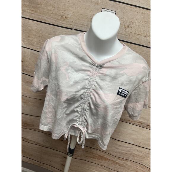 Adidas Womens Crop Top Shirt Size Small Cinch Front Pink Camo Short Sleeve - Picture 9 of 11